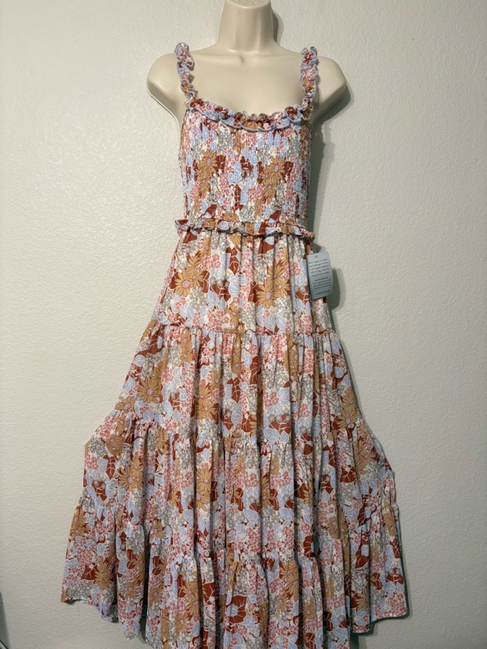 Astr The Label Floral Printed Smocked Top Tiered Maxi Dress  Rust Blue Pink